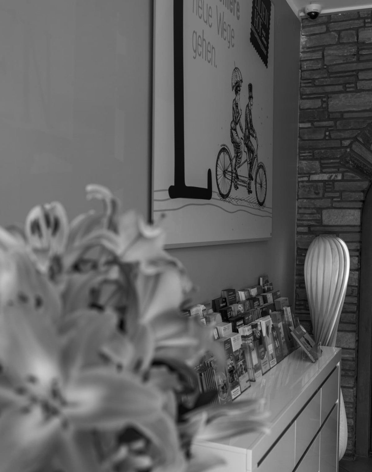 Lilien und Prospekte im Eingangsbereich vom Hotel Lilienhof in Salzburg © Foto von Lorenz Masser